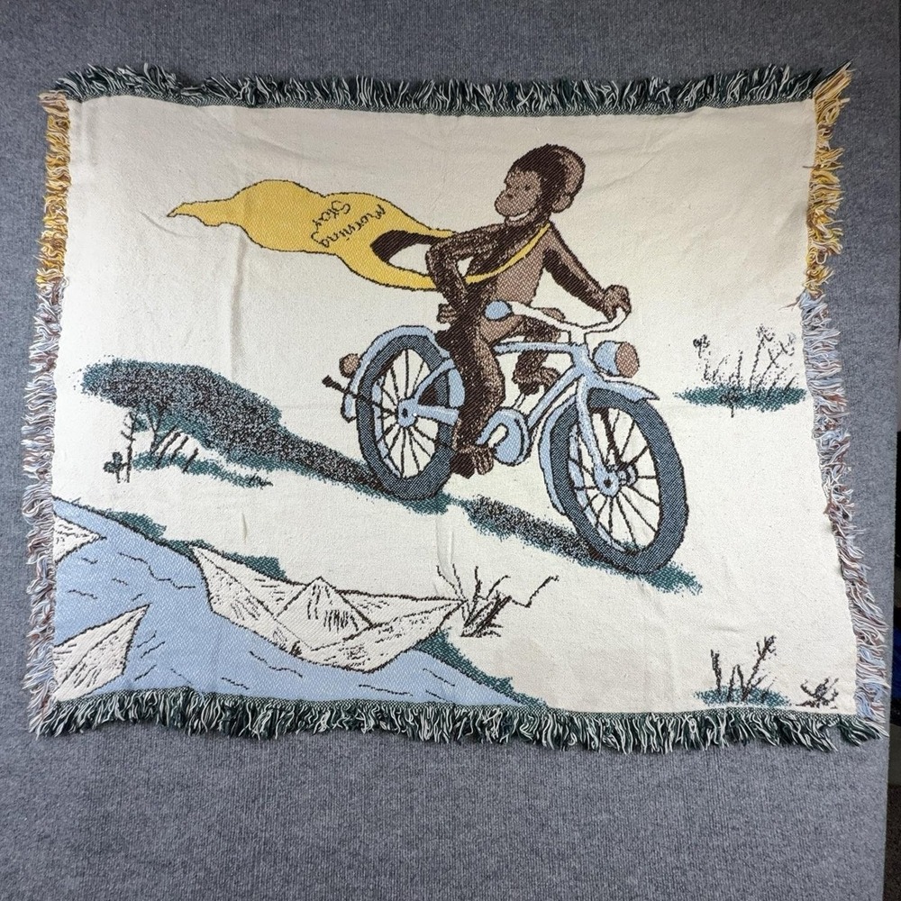 Kids Monkey Bike Throw Blanket 35x35 Cotton Fringe Reversible Square Kids Decor